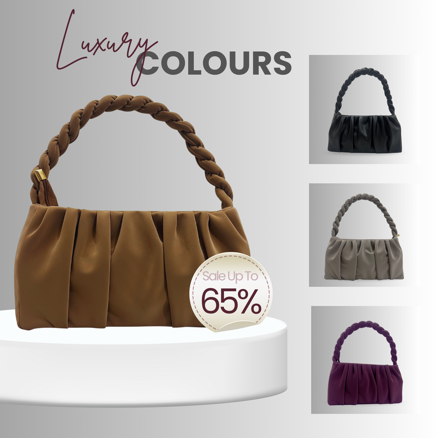 Elegant Pleated Shoulder Bag for Women – Soft Faux Leather Handbag with Braided Handle Gray Color