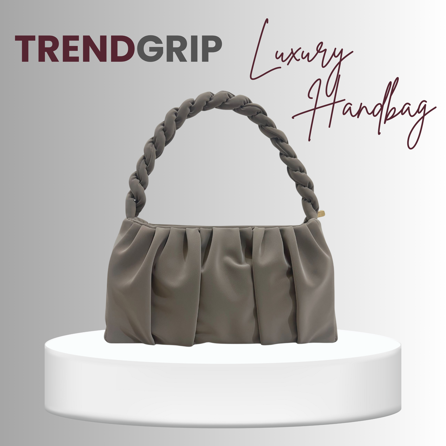 Elegant Pleated Shoulder Bag for Women – Soft Faux Leather Handbag with Braided Handle Gray Color