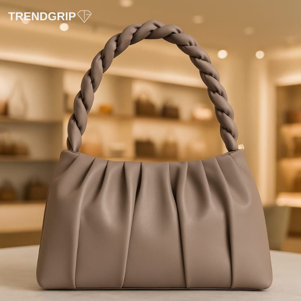 Elegant Pleated Shoulder Bag for Women – Soft Faux Leather Handbag with Braided Handle Gray Color