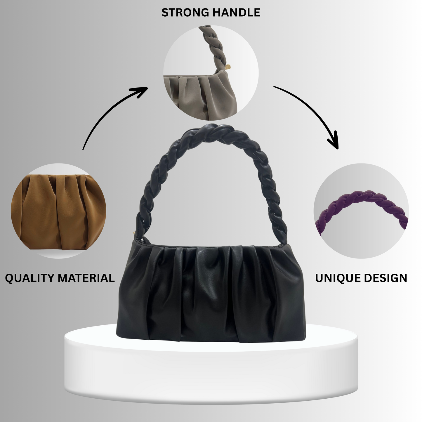 Elegant Pleated Shoulder Bag for Women – Soft Faux Leather Handbag with Braided Handle Gray Color