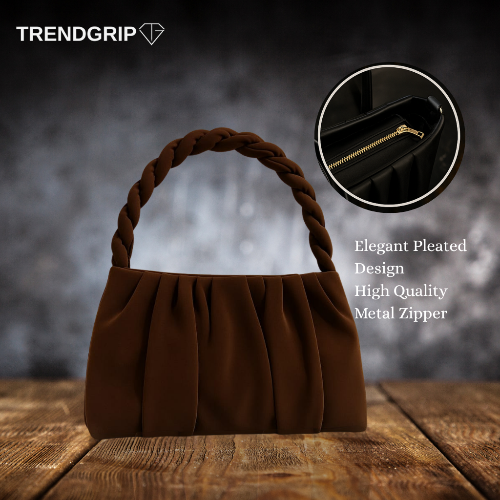 Elegant Pleated Shoulder Bag for Women – Soft Faux Leather Handbag with Braided Handle Wine Color