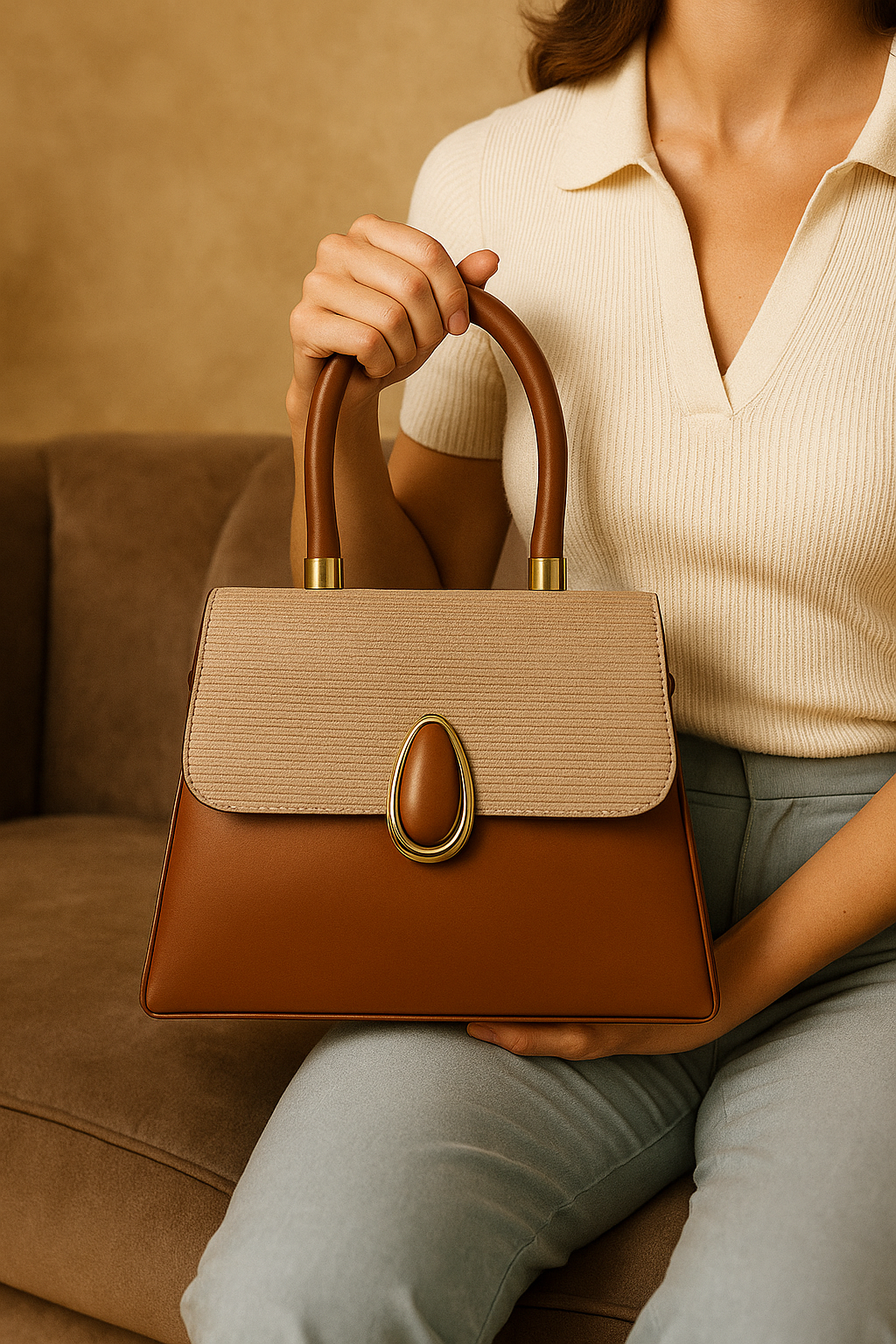 Elegant Two-Tone Structured Top Handle Bag Tan Color