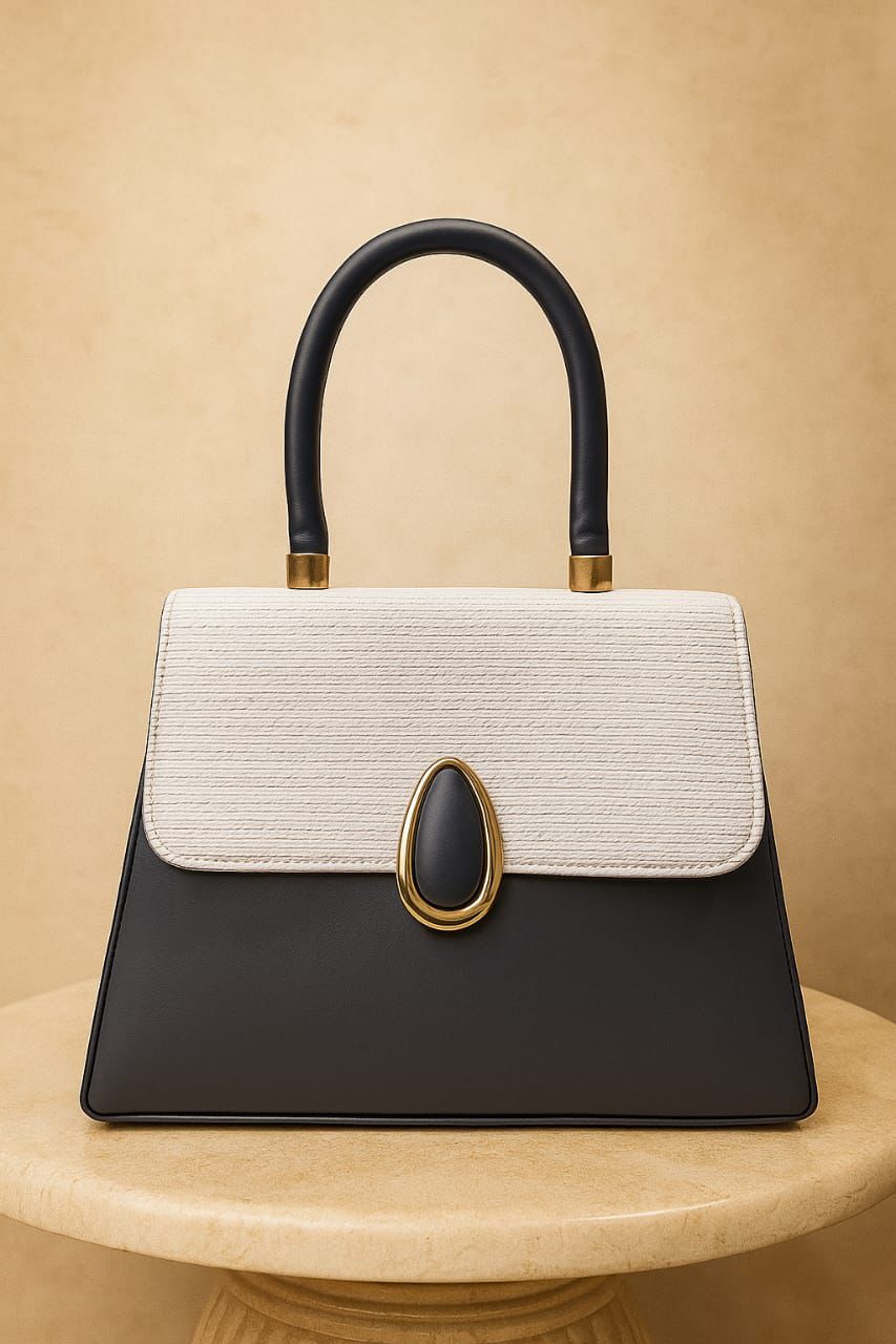 Elegant Two-Tone Structured Top Handle Bag Navy Blue