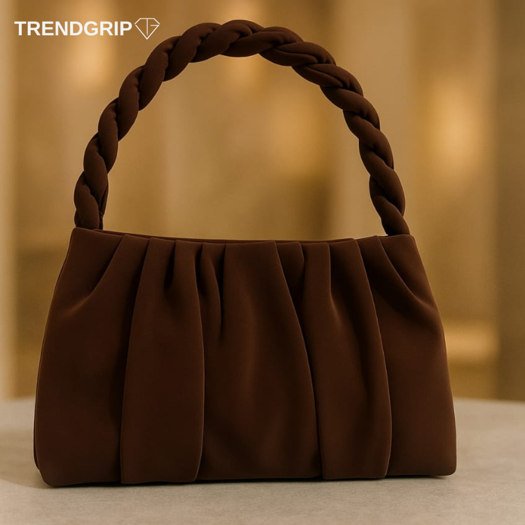 Elegant Pleated Shoulder Bag for Women – Soft Faux Leather Handbag with Braided Handle Wine Color