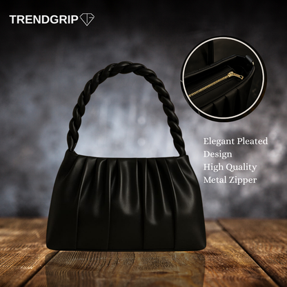 Elegant Pleated Shoulder Bag for Women – Soft Faux Leather Handbag with Braided Handle