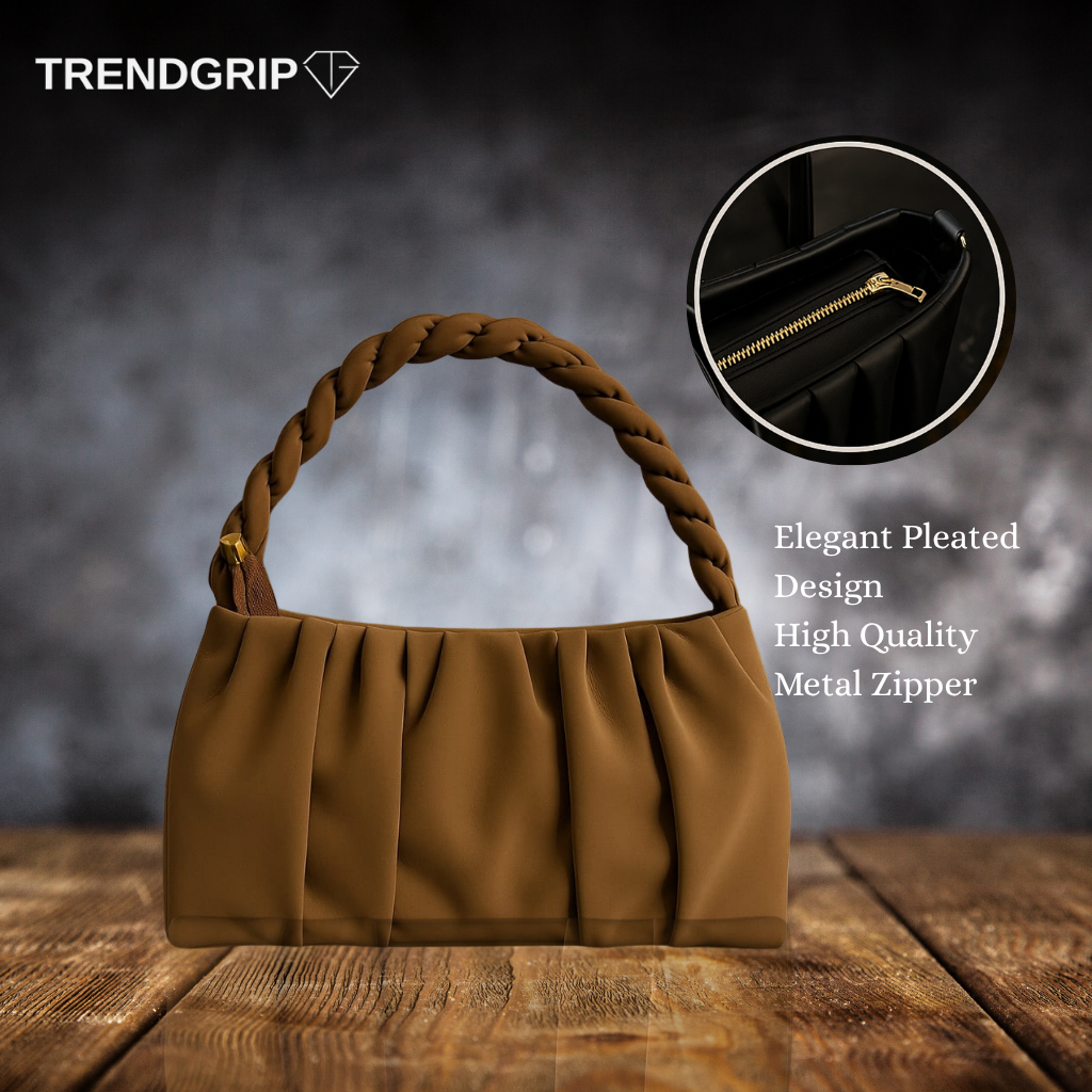 Elegant Pleated Shoulder Bag for Women – Soft Faux Leather Handbag with Braided Handle Tan Color