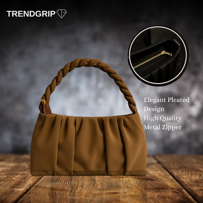 Elegant Pleated Shoulder Bag for Women – Soft Faux Leather Handbag with Braided Handle Tan Color