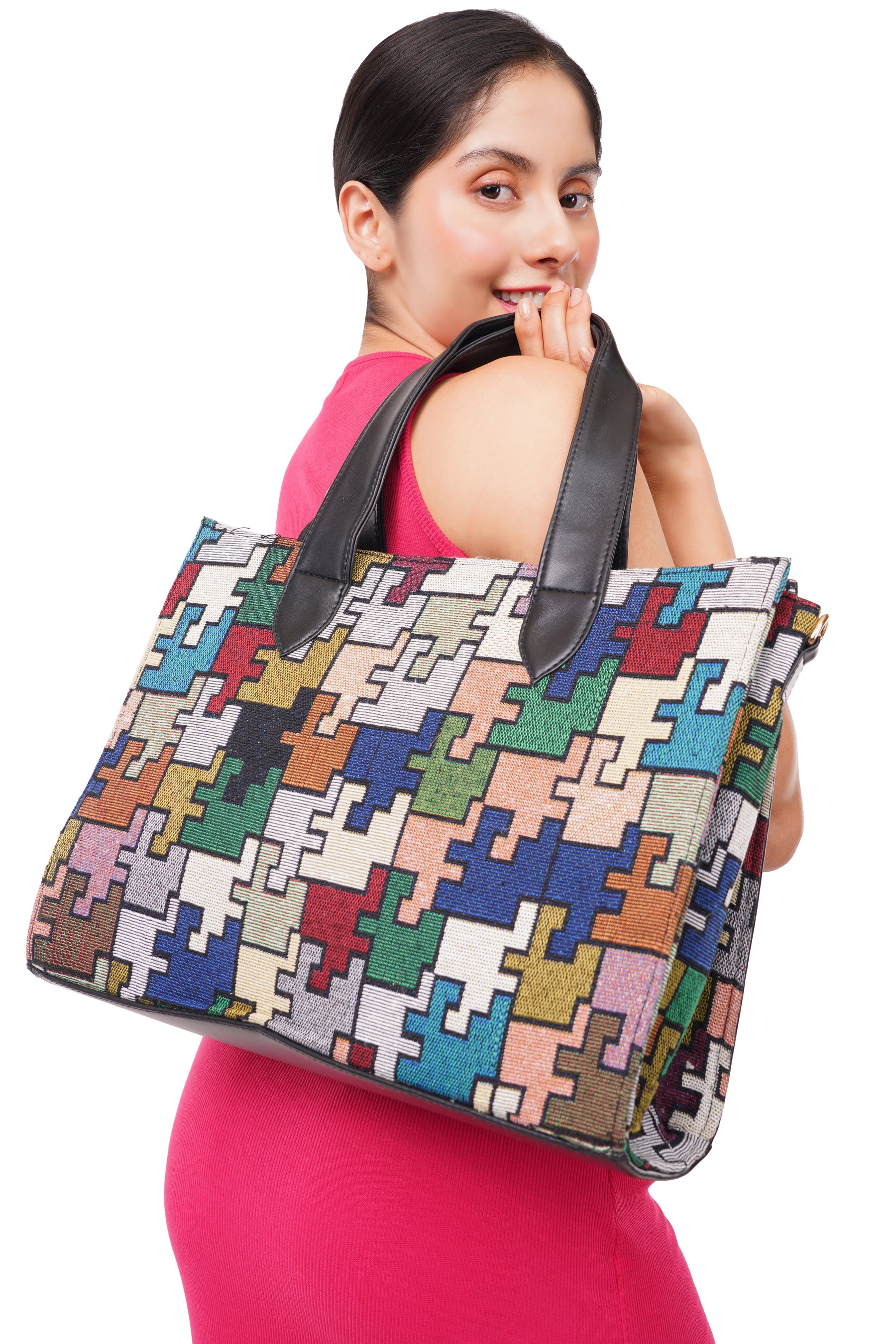 Stylish Tote Bag for Women | Unique Puzzle Design | Multicolor Hand Bag | Undetectable Shoulder Straps