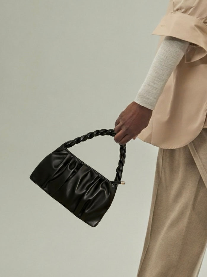 Elegant Pleated Shoulder Bag for Women – Soft Faux Leather Handbag with Braided Handle
