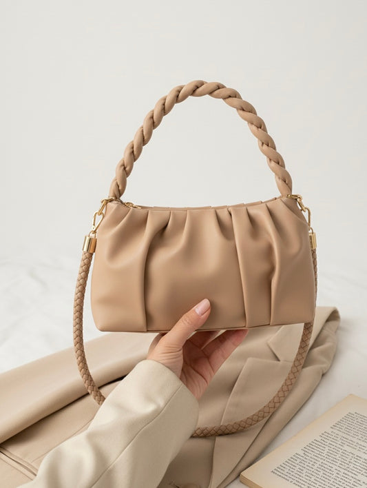 Elegant Pleated Shoulder Bag for Women – Soft Faux Leather Handbag with Braided Handle Tan Color