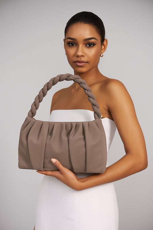 Elegant Pleated Shoulder Bag for Women – Soft Faux Leather Handbag with Braided Handle Gray Color