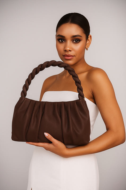 Elegant Pleated Shoulder Bag for Women – Soft Faux Leather Handbag with Braided Handle Wine Color