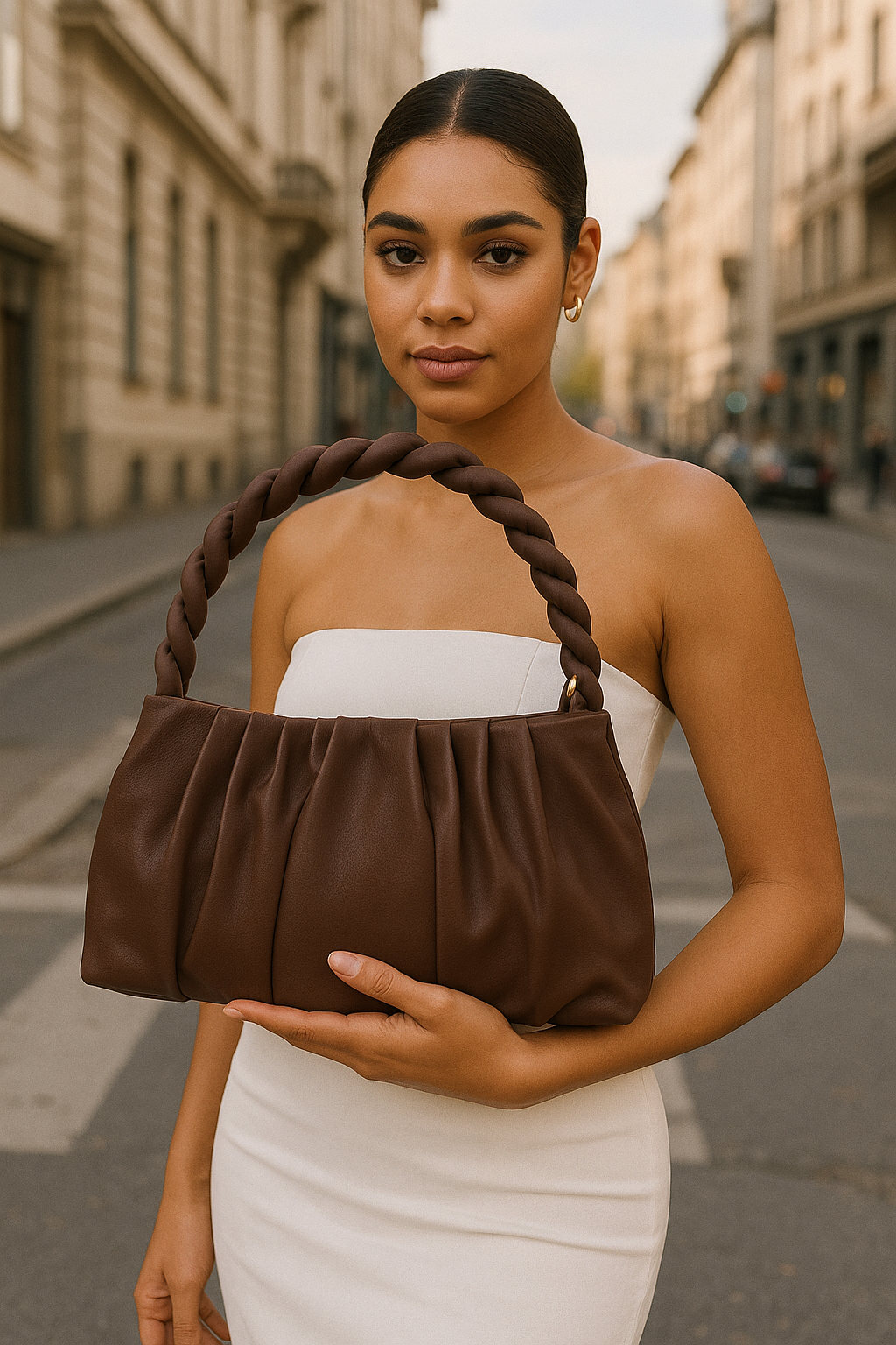 Elegant Pleated Shoulder Bag for Women – Soft Faux Leather Handbag with Braided Handle Wine Color