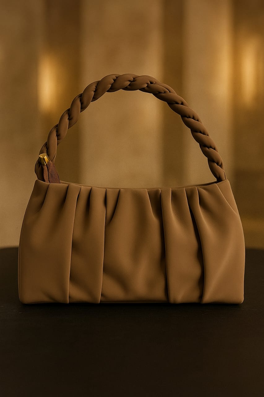 Elegant Pleated Shoulder Bag for Women – Soft Faux Leather Handbag with Braided Handle Tan Color