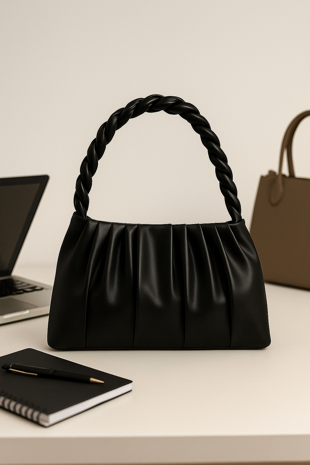 Elegant Pleated Shoulder Bag for Women – Soft Faux Leather Handbag with Braided Handle