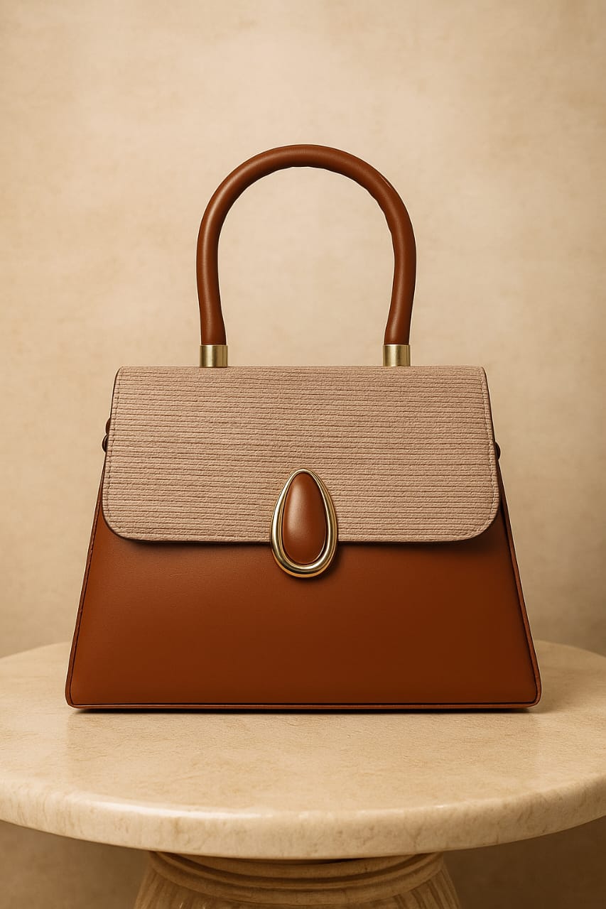 Elegant Two-Tone Structured Top Handle Bag Tan Color