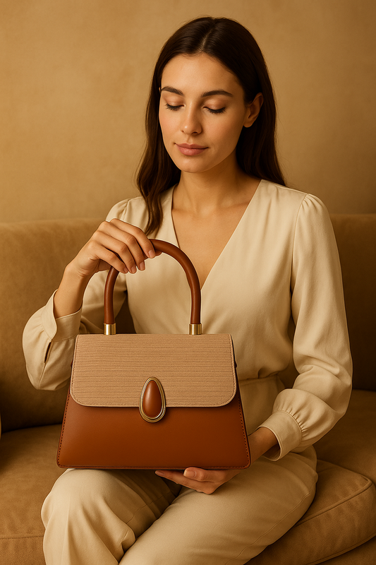 Elegant Two-Tone Structured Top Handle Bag Tan Color