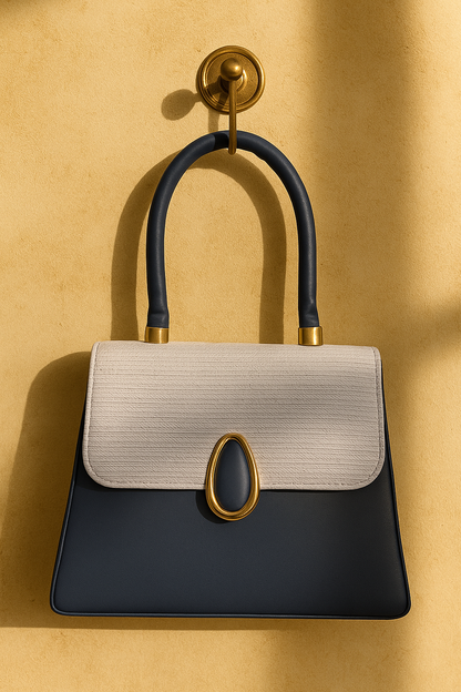 Elegant Two-Tone Structured Top Handle Bag Navy Blue