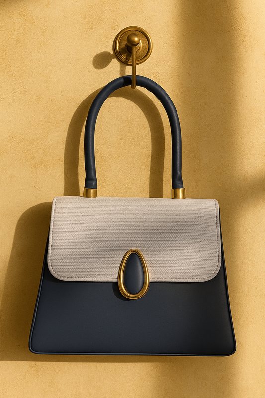 Elegant Two-Tone Structured Top Handle Bag Navy Blue