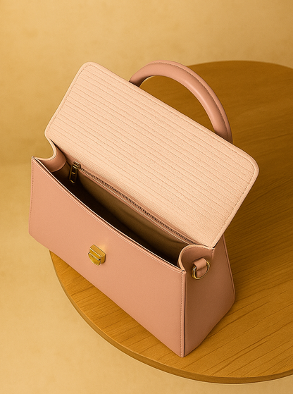 Elegant Two-Tone Structured Top Handle Bag Pink Color