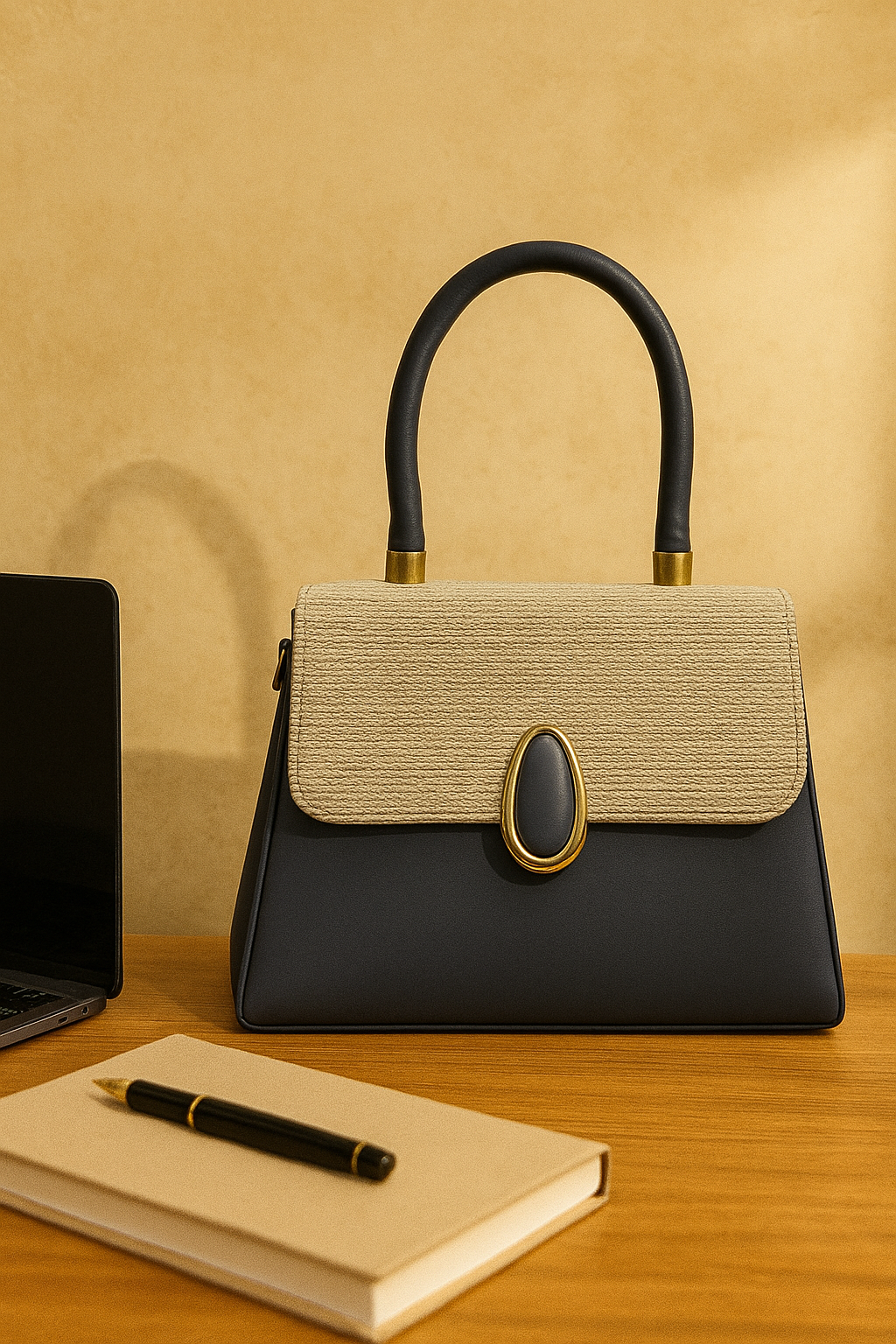 Elegant Two-Tone Structured Top Handle Bag Navy Blue