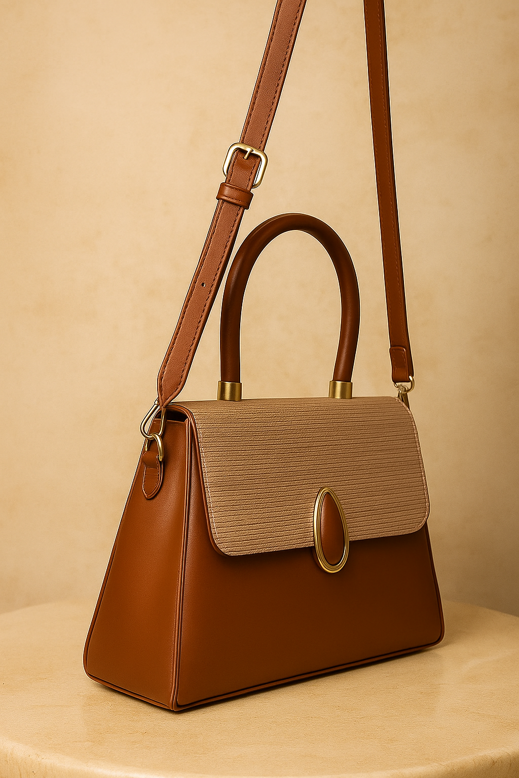 Elegant Two-Tone Structured Top Handle Bag Tan Color