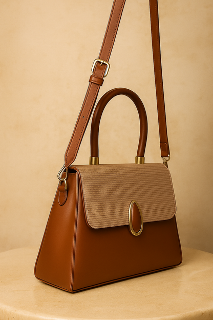Elegant Two-Tone Structured Top Handle Bag Tan Color