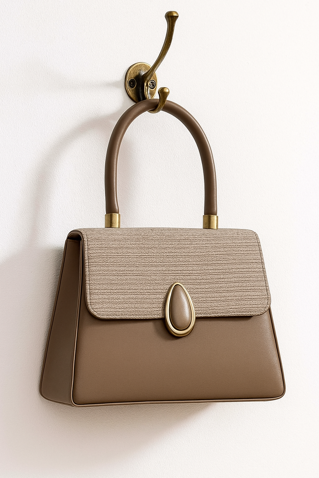 Elegant Two-Tone Structured Top Handle Bag Brown
