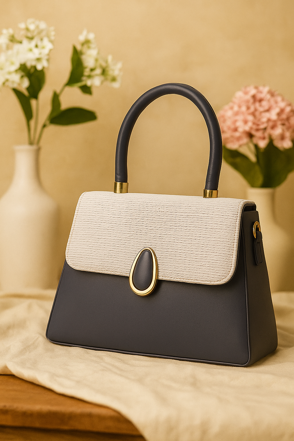Elegant Two-Tone Structured Top Handle Bag Navy Blue